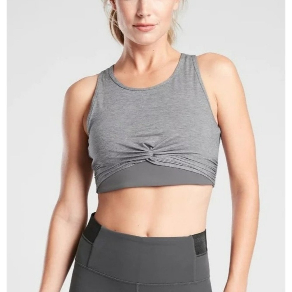 Athleta Essence Twist Crop Tank Top Heathered‎ Grey Built In Bra Womens XS